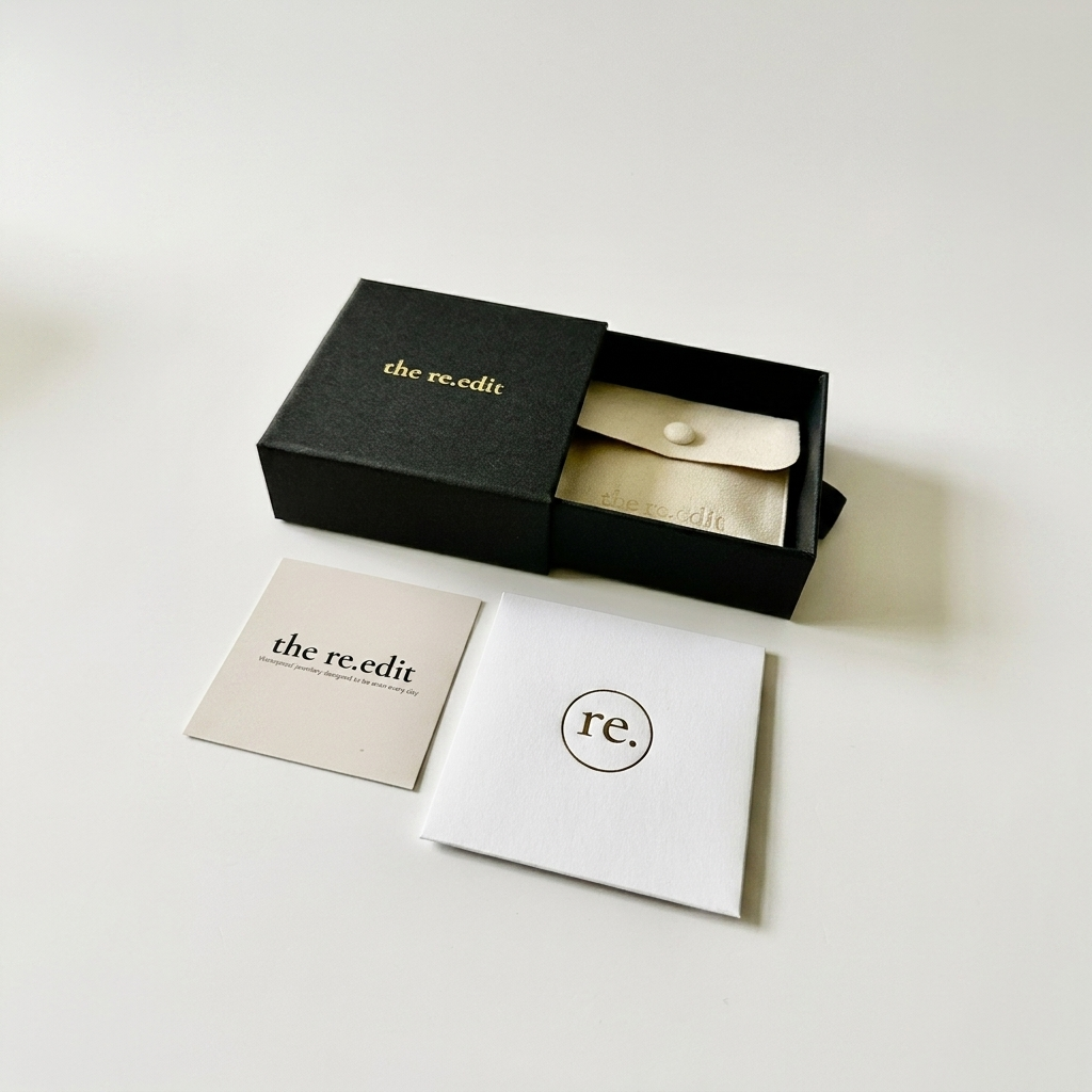 Real the re.edit packaging with branded jewellery box, pouch and printed cards